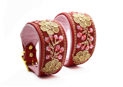 SARI Halsband・Windhund・Edles Lederhalsband mit roter indischer Borte